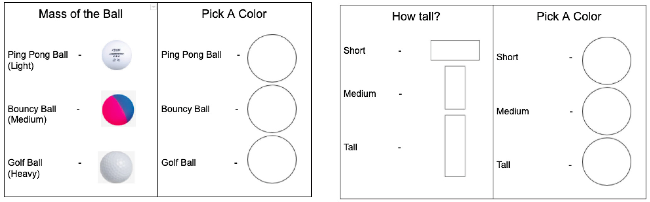 Key for height and mass ramp tests.